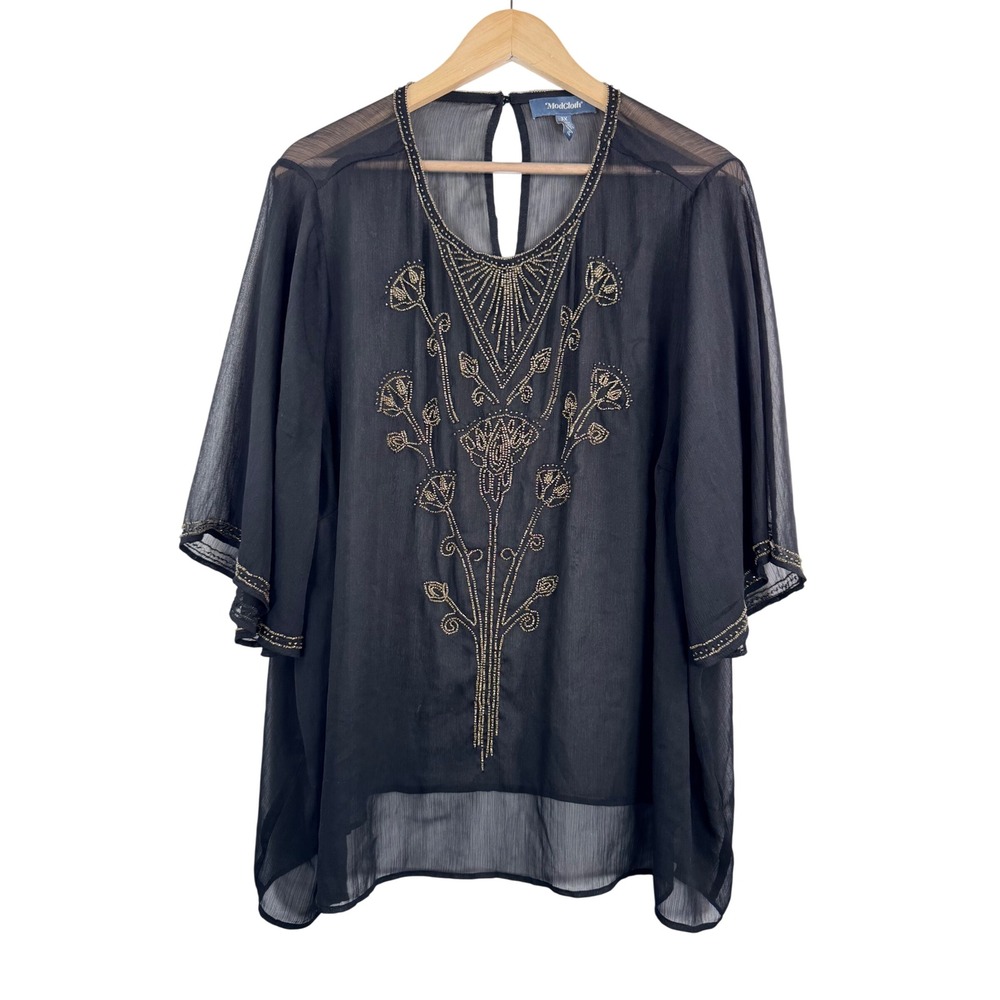 Anthropologie ModCloth Black Beaded‎ Sheer Blouse Plus Size 3X artsy lagen look